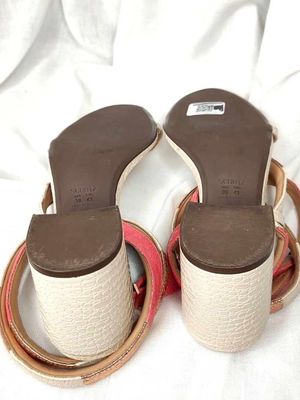 Schutz Cleo Snake Block Heel Sandals Metallic Gold Pink Ivory 10 - Picture 10 of 16